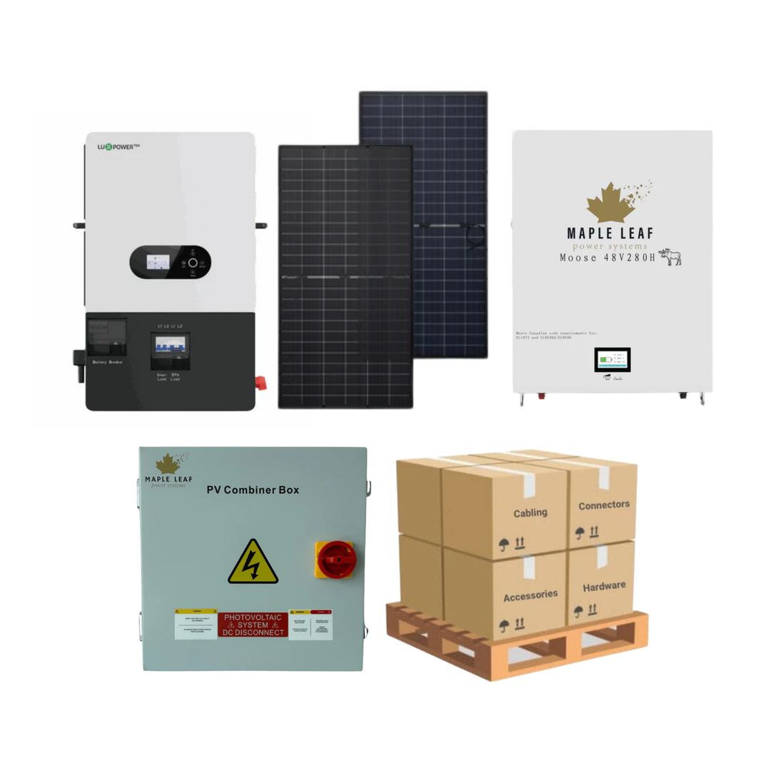 Luxpower SNA-US-12K Kit – Maple Leaf 570W Panels | 48V 14.34kWh Moose Battery | Solar Power Kits for Home, Cabin & Off-Grid