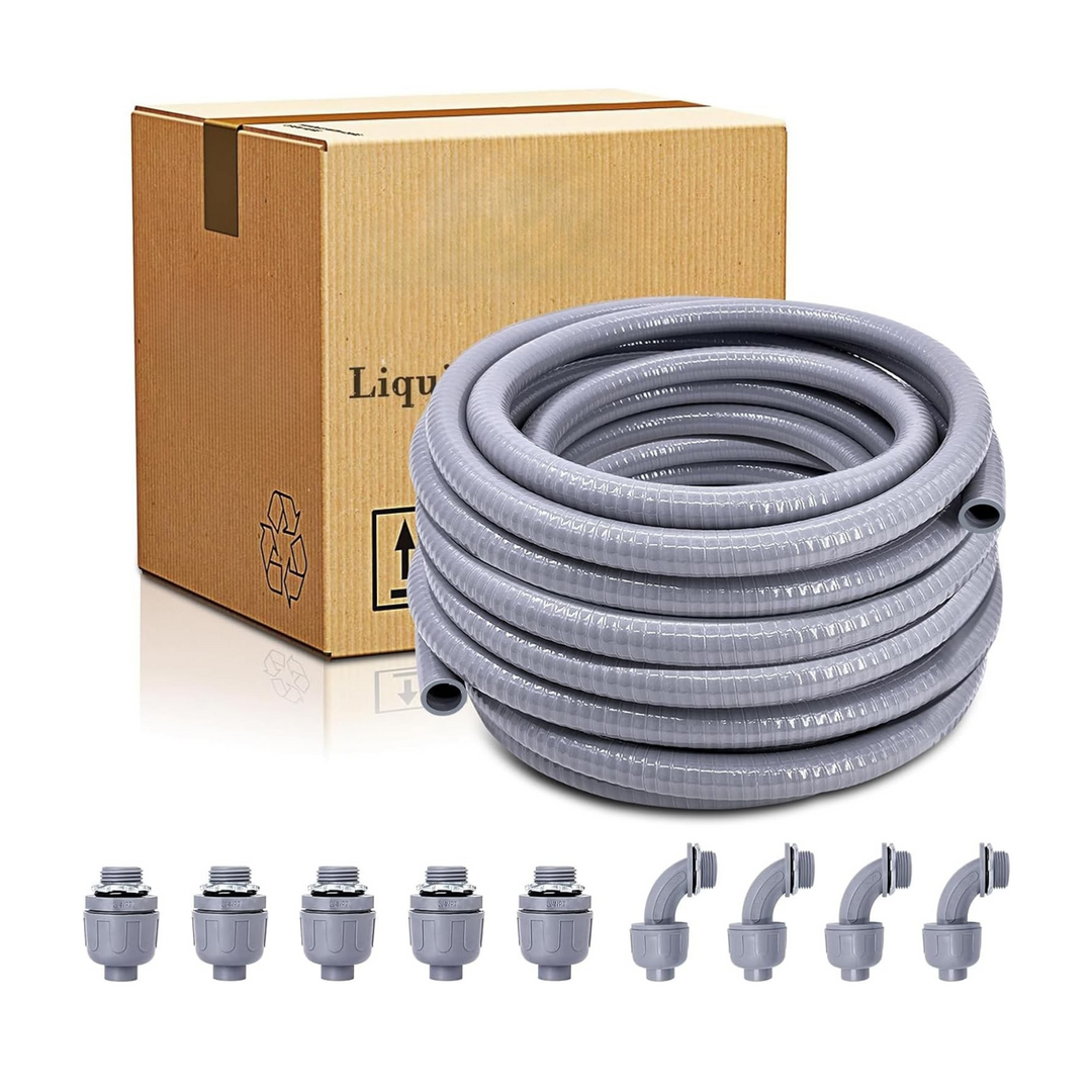 Non-Metallic Liquid-Tight Conduit Kit – 0.75" & 1" Flexible Electrical Conduit in 50ft Lengths | Includes 90 Degree Elbow Fittings and Straight Fittings
