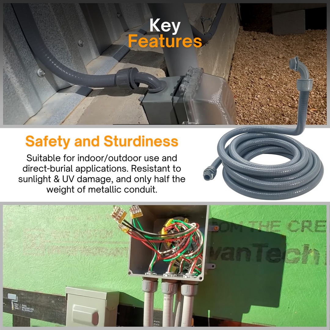 Non-Metallic Liquid-Tight Conduit Kit – 0.75" & 1" Flexible Electrical Conduit in 50ft Lengths | Includes 90 Degree Elbow Fittings and Straight Fittings