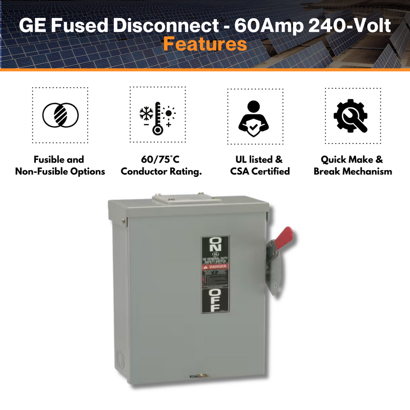 GE Fused Disconnect - 60Amp 240-Volt Outdoor Type 3R Rated | 2 Poles 3 Wires | Single-Phase | TG3222 | UL listed & CSA Certified