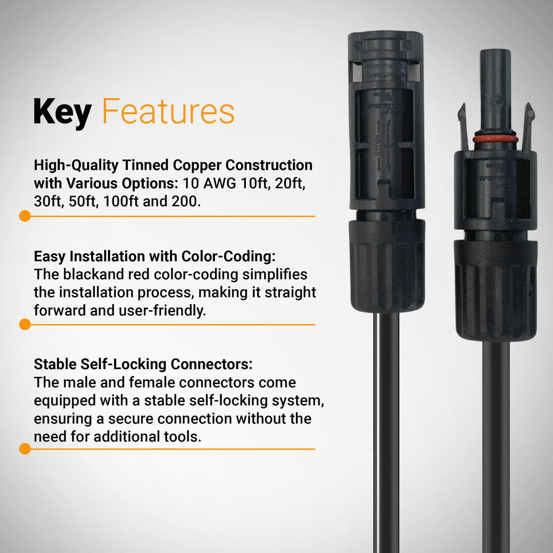 Solar Panel Wire Extension - Pre-Attached MC4s | 10 AWG Tinned Copper Wire | In 10ft, 20ft, 30ft, 50ft Cuts | CSA Approved | 40Ah Ratings