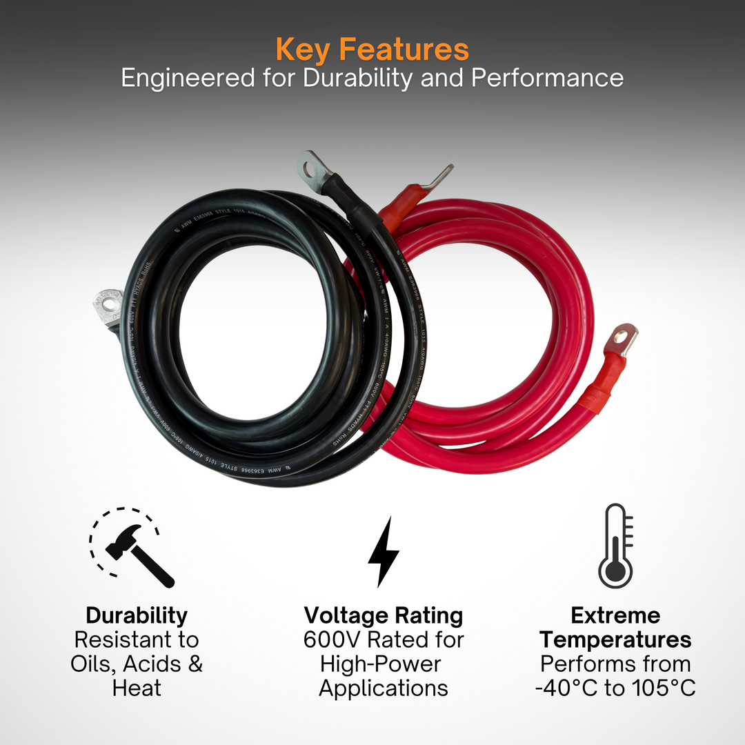 4/0 AWG Solar Battery Extension Cable - Inverter And Battery Cable 4/0 AWG | Tinned Copper | 450ah | Red And Black 10FT Each