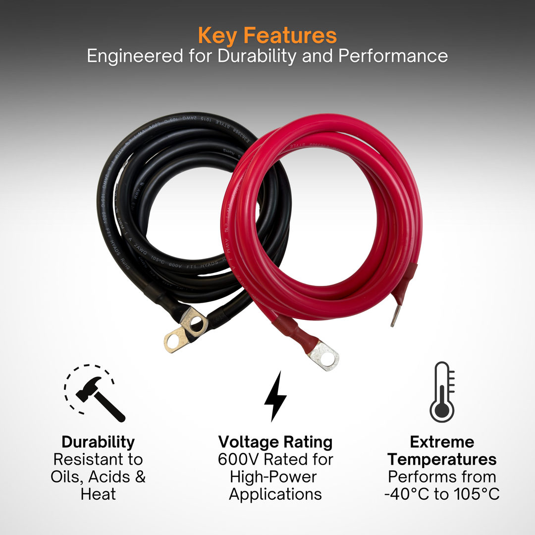 2 AWG Solar Battery Extension Cable - Inverter and Battery Cable 2awg | Tinned Copper 125ah | Red And Black 5FT Each