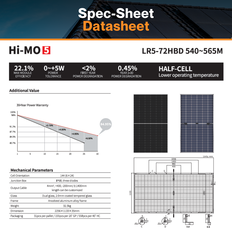 LONGi LR5-72HBD-540M 540W Bifacial Solar Panel - 22.1% Efficiency | W/ M10 Gallium-doped Wafer |  IP68 Rating Junction Box | Operating Temperature -40°C - +85°C