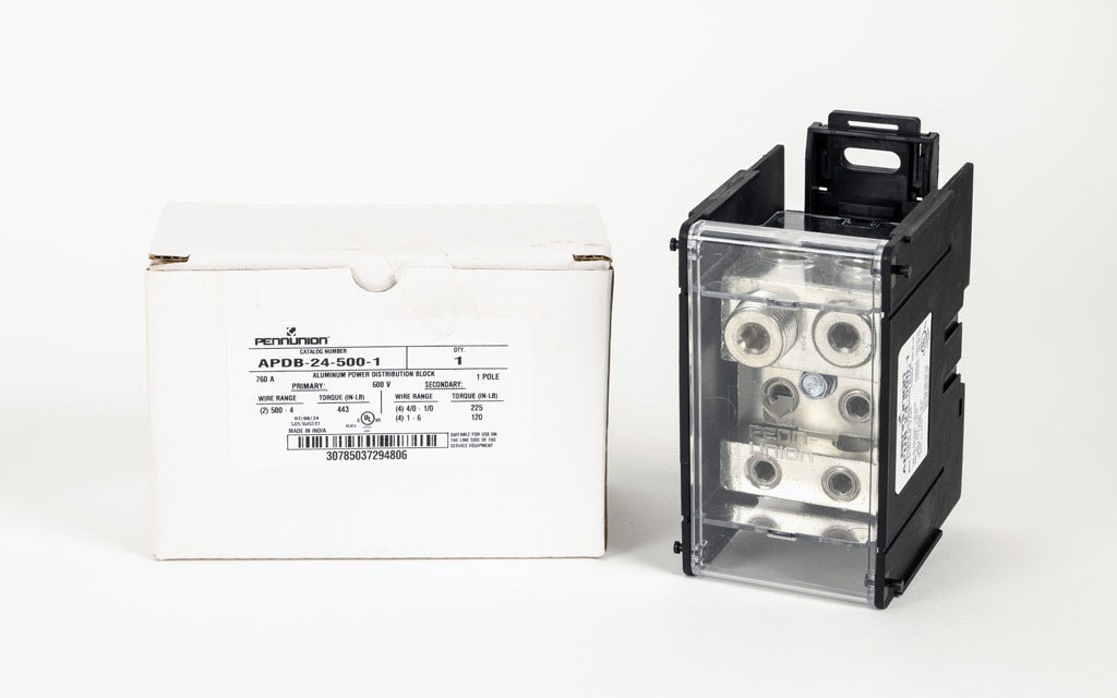 Penn Union Power Distribution Block - 4 input 2 output - 760A Battery Terminal Distribution Block - DIN Rail or Panel Mount - UL 1953 Listed