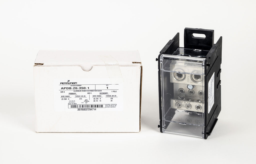 Penn Union Power Distribution Block - 6 input 2 output - 620A, 1-Pole, Dual-Rated for Cu/AL, Line: 350 MCM to 6 AWG, Load: 2/0 to 14 AWG, DIN Rail/Panel Mount, UL 1953 Listed