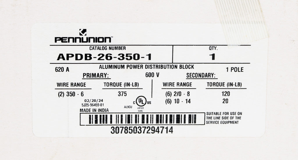 Penn Union Power Distribution Block - 6 input 2 output - 620A, 1-Pole, Dual-Rated for Cu/AL, Line: 350 MCM to 6 AWG, Load: 2/0 to 14 AWG, DIN Rail/Panel Mount, UL 1953 Listed