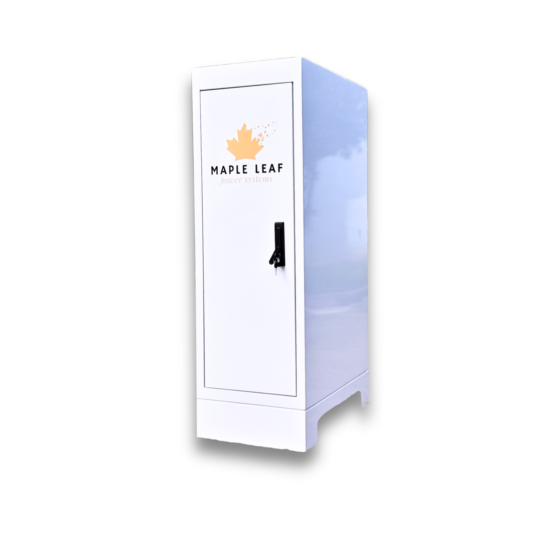 Maple Leaf Mountie insulated waterproof battery cabinet for a battery backup sump pump system