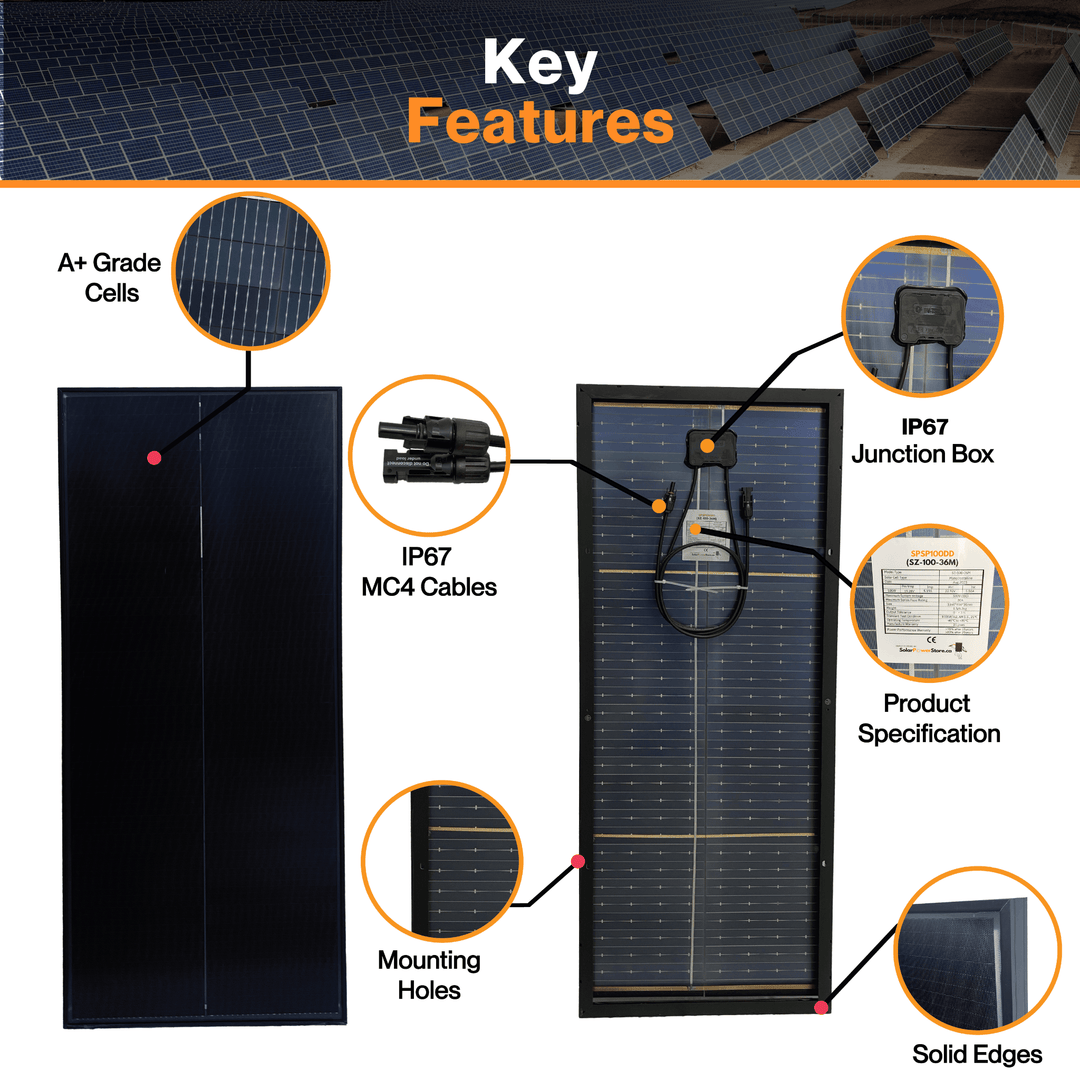 Maple Leaf 100W Mono Rigid Bi-facial Solar Panel - All Black | W/ IP67 Junction Box & IP67 MC4 Cable | Lightweight With Monocrystalline Cells