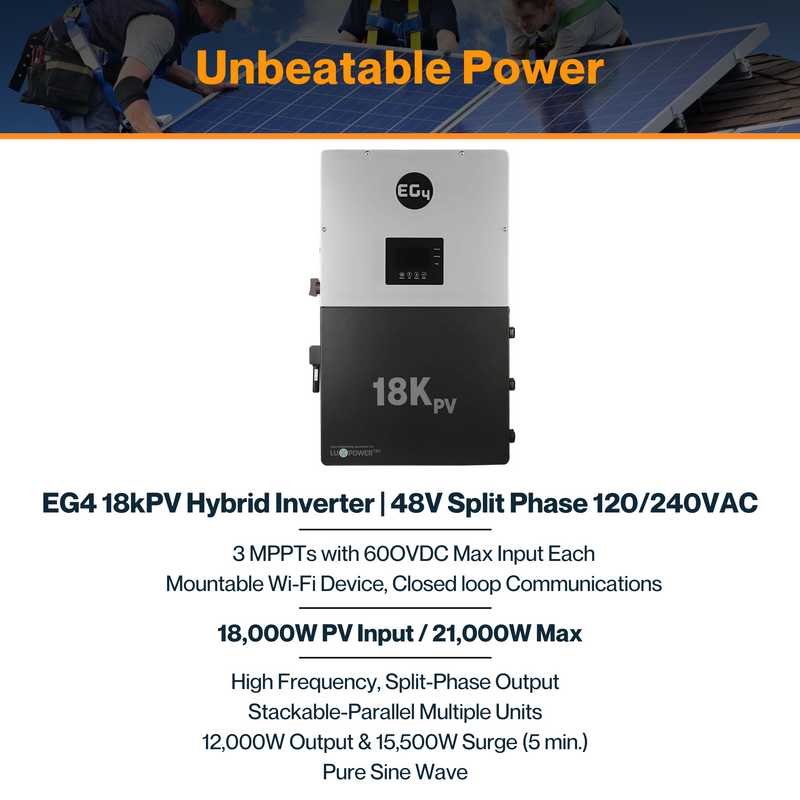 EG4® 18KPV Hybrid Inverter - 48V Split Phase 120/240VAC | Pure Sine Wave | 18kW PV Input / 21kW Max | 12kW Output | CSA, UL1741, ETL & cETL Certified