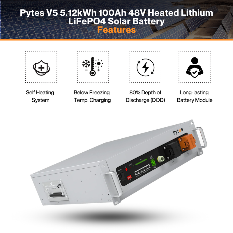 Pytes V5 5.12kWh 100Ah 48V LiFePO4 Solar Battery | 300A Scalable | 80% DoD | Self-Heated | Smart BMS | Remote Monitoring | UL9540 & UL1973 Certified