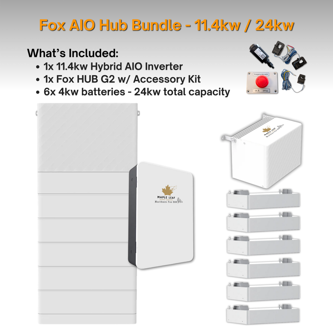 Maple Leaf Northern Fox AIO FLEX Hybrid Solar Inverter & Modular Battery Kits | 9.6kW or 11.4kW Inverter | 8kW to 28kW Expandable Energy Storage System | Optional Fox ESS Hub G2 Smart Energy Management