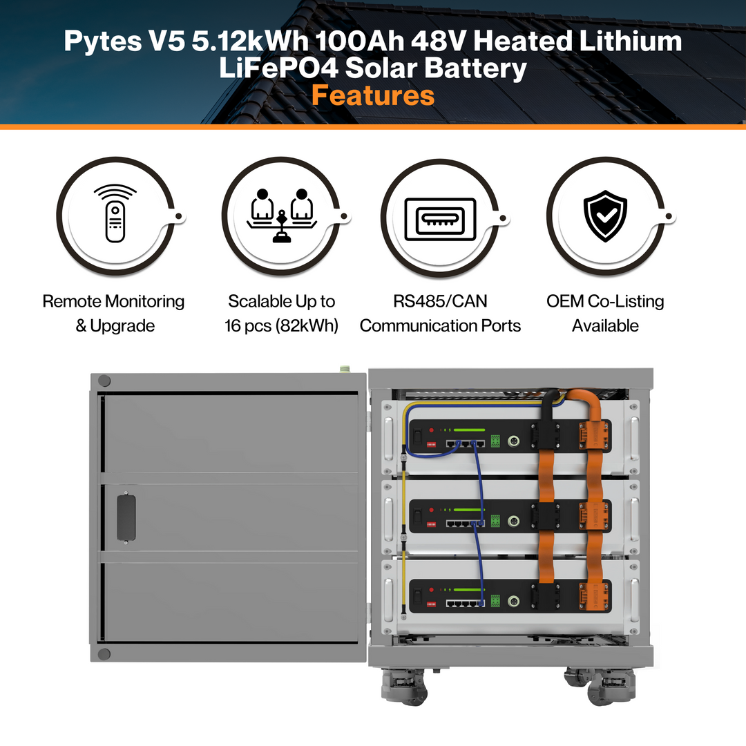 Pytes V5 5.12kWh 100Ah 48V LiFePO4 Solar Battery | 300A Scalable | 80% DoD | Self-Heated | Smart BMS | Remote Monitoring | UL9540 & UL1973 Certified