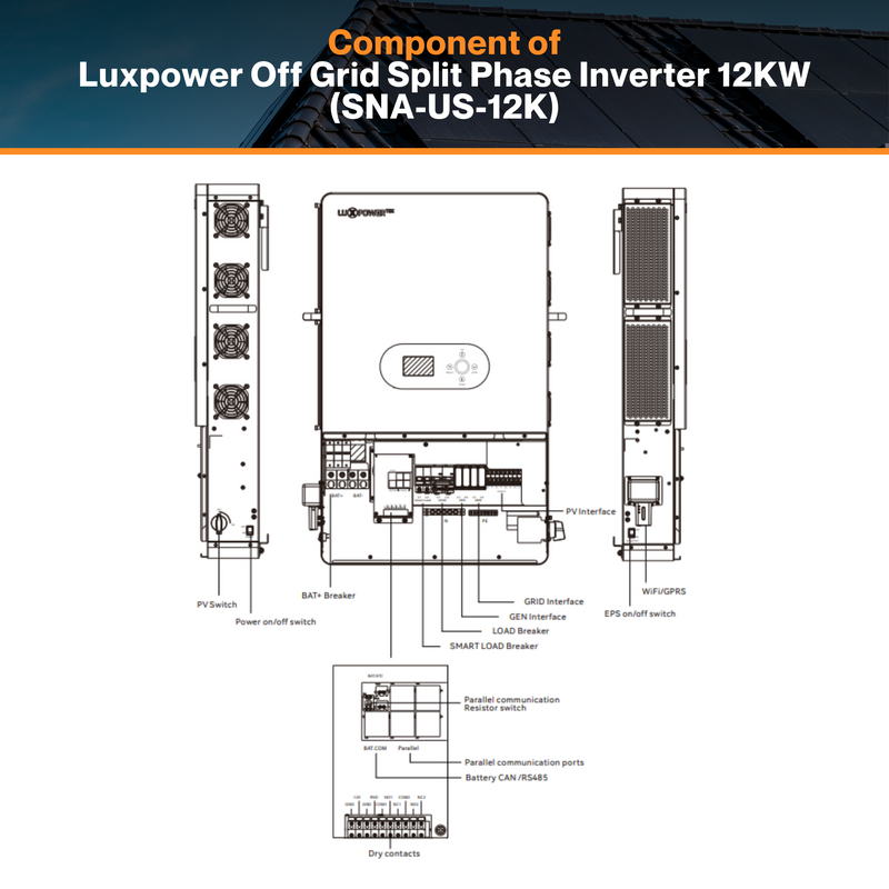 Luxpower Off Grid Split Phase Inverter 12KW(SNA-US-12K) - MPPT Ranges 120V~440V | AFCI Protection | Remote Monitoring | IP20 Rating | UL & CSA Listed