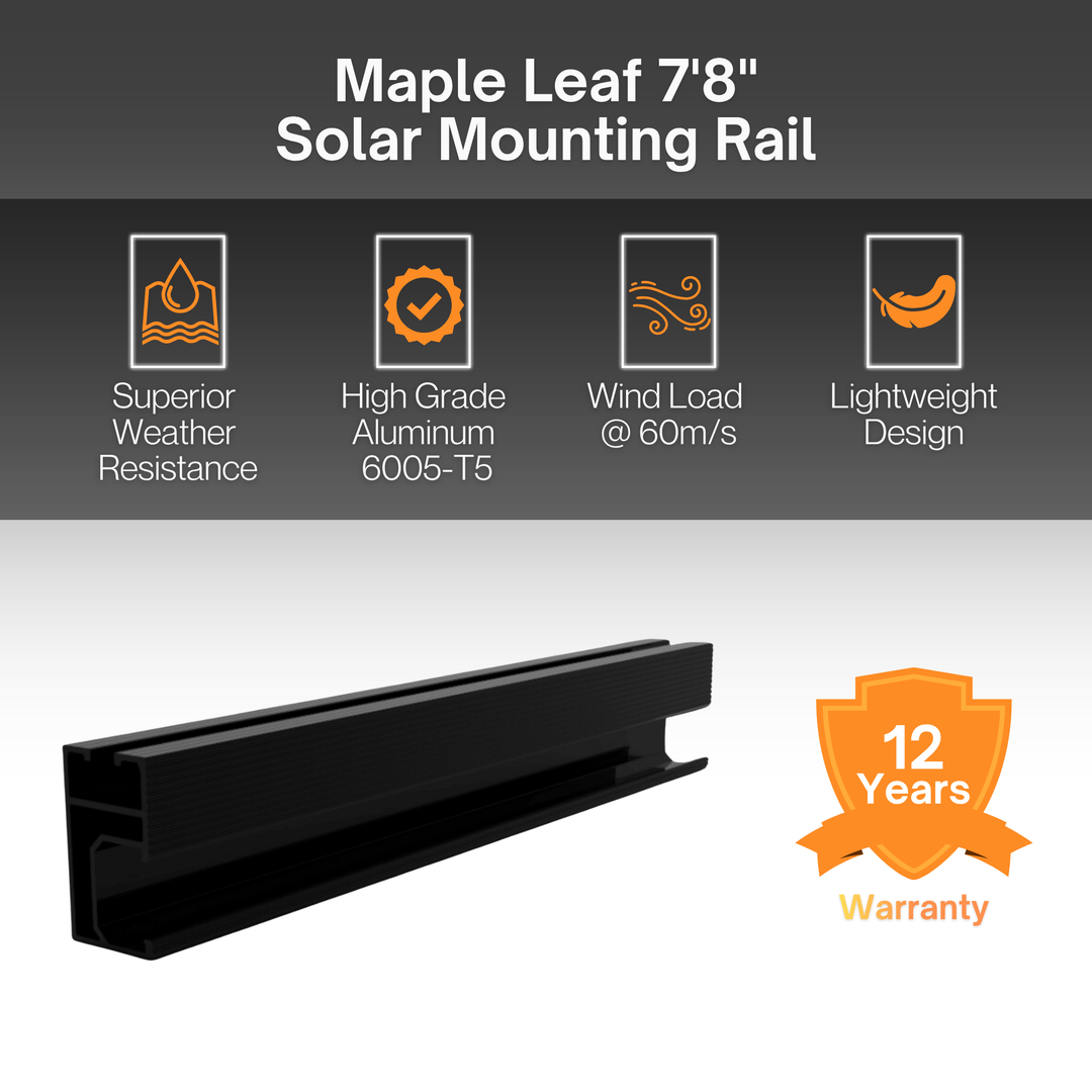 Maple Leaf Roof Mount Kits for Solar Panels | 7’8” Black Rails, Mid Clamps, Rail Connectors, T-Foots & Grounding Kit | Lightweight Aluminum 6005-T5 | Certified Solar Racking Hardware