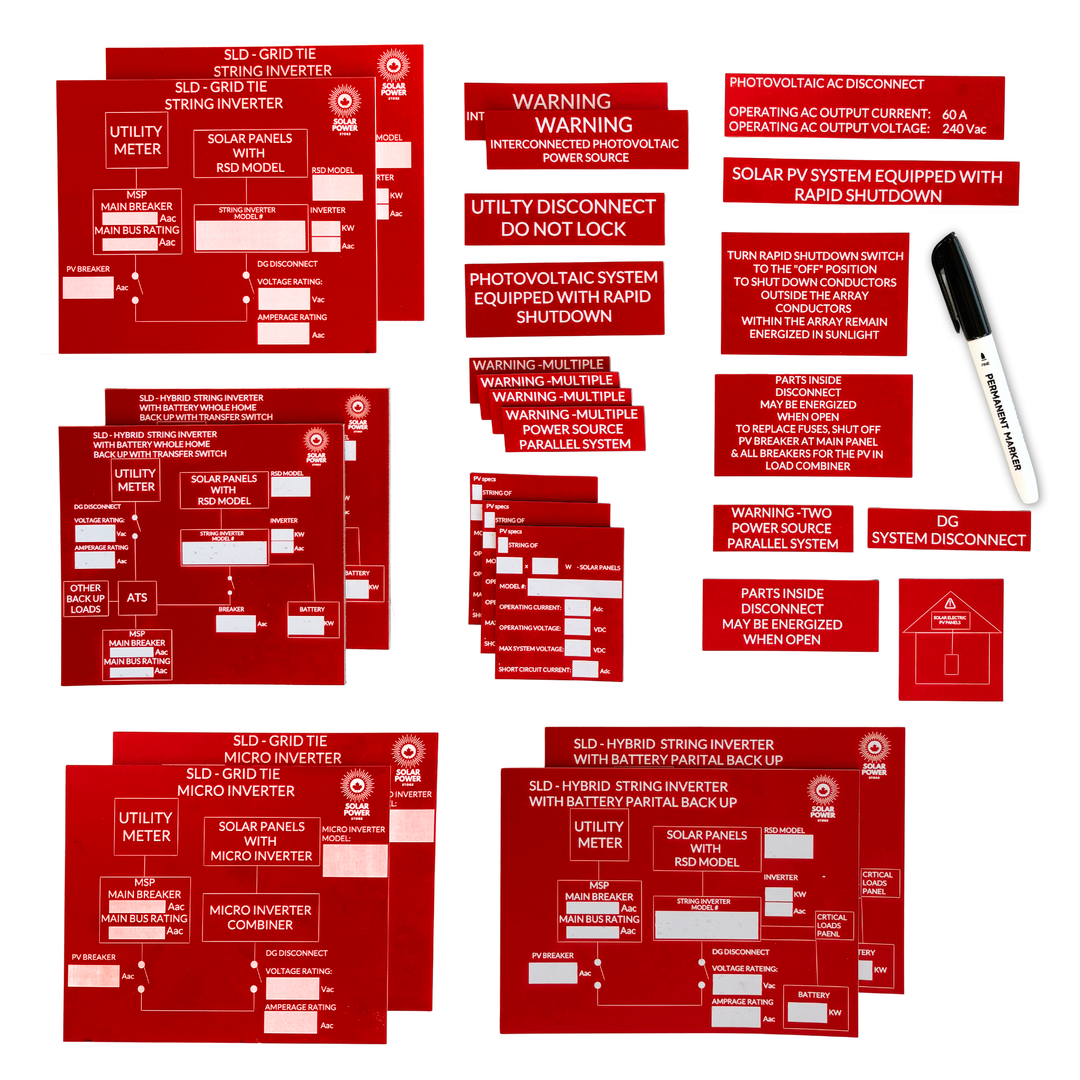 Solar System Lamacoid Label Kit | 28 Piece Label Kit | Solar Component Labels, Specification Labels, Safety Labels for All Solar System Types