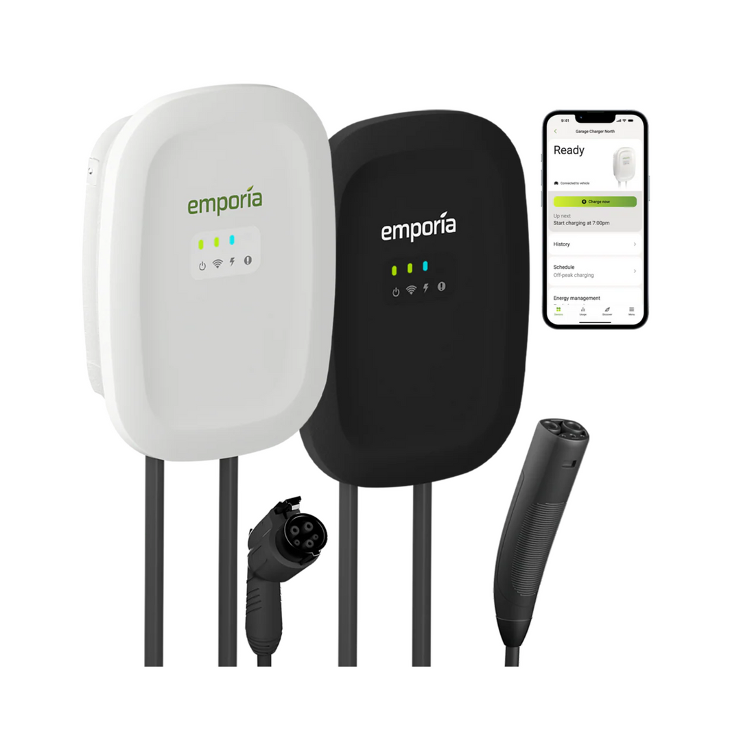 Emporia Level 2 EV Charger | Dual CCS & NACS Connectors | Hardwired or NEMA 14-50 | Black or White | Smart Load Management for Home EV Charging