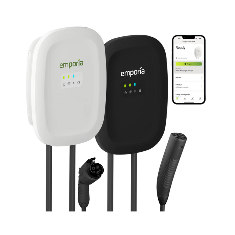 Emporia Level 2 EV Charger | Dual CCS & NACS Connectors | Hardwired or NEMA 14-50 | Black or White | Smart Load Management for Home EV Charging