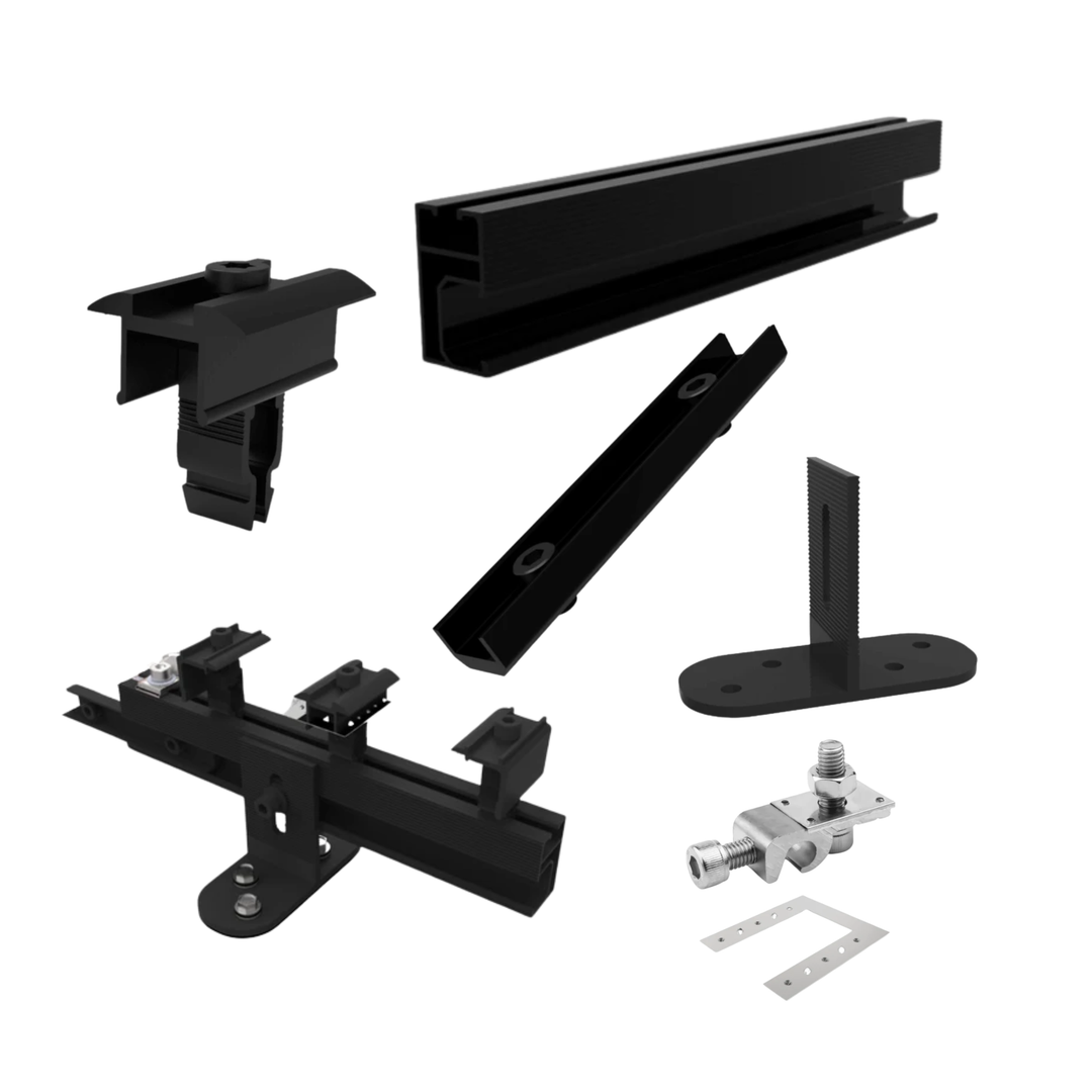 Maple Leaf Roof Mount Kits for Solar Panels | 7’8” Black Rails, Mid Clamps, Rail Connectors, T-Foots & Grounding Kit | Lightweight Aluminum 6005-T5 | Certified Solar Racking Hardware
