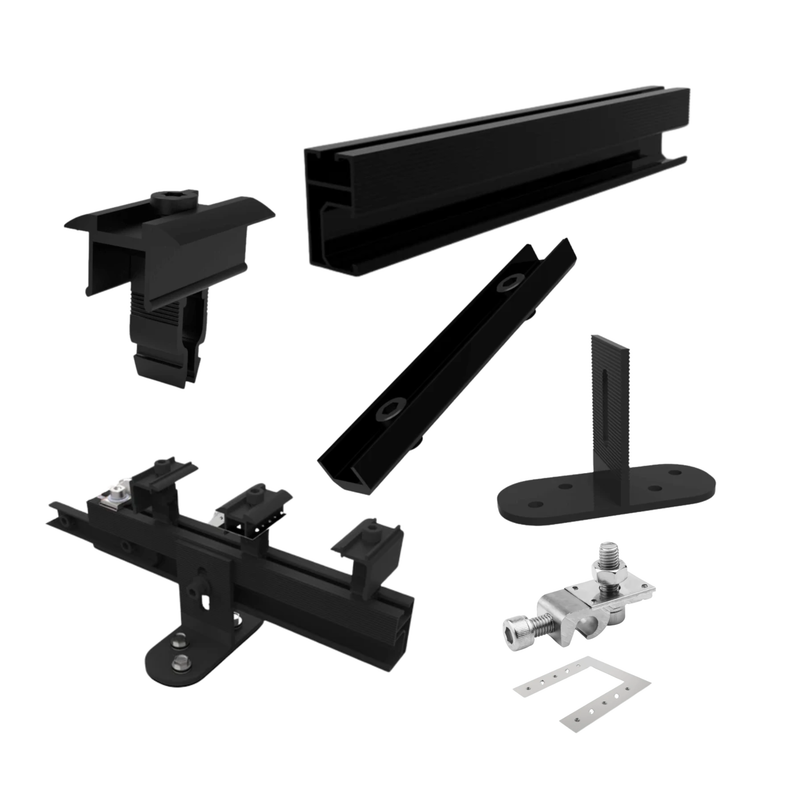 Maple Leaf Roof Mount Kits for Solar Panels | 7’8” Black Rails, Mid Clamps, Rail Connectors, T-Foots & Grounding Kit | Lightweight Aluminum 6005-T5 | Certified Solar Racking Hardware