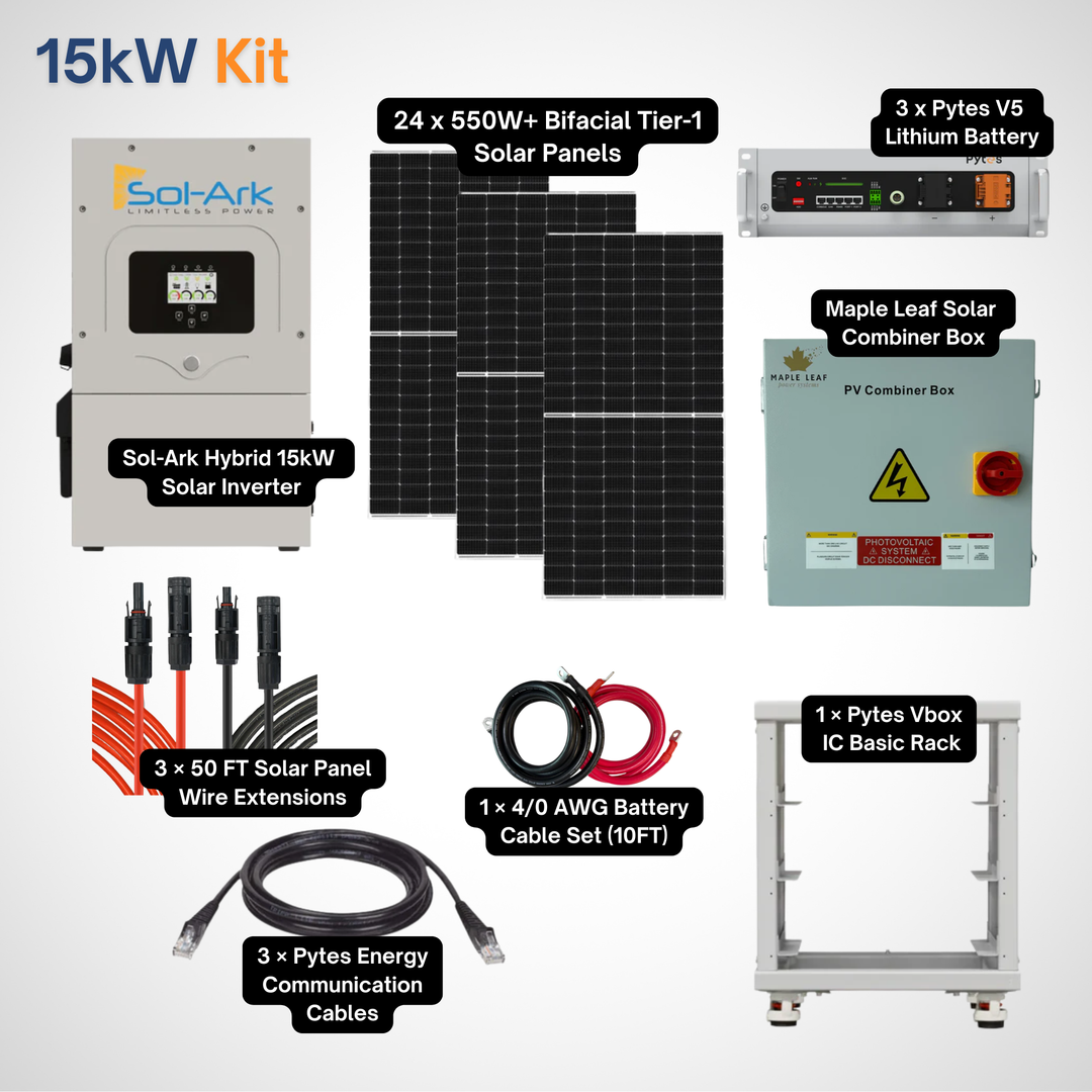 Sol-Ark 15K Solar Power Kit | 550W+ Tier-1 Class Bifacial Solar Panel| 48V 5.12kWh Pytes V5 Battery | Solar Power Kit for Home, Cabin & Off-Grid/Hybrid