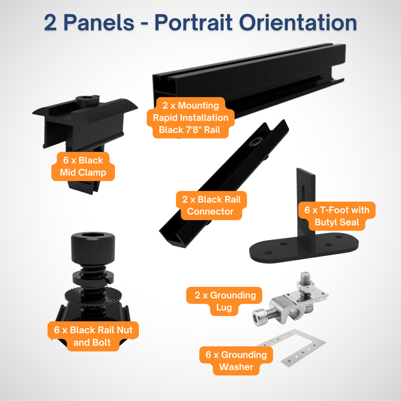 Maple Leaf Roof Mount Kits for Solar Panels | 7’8” Black Rails, Mid Clamps, Rail Connectors, T-Foots & Grounding Kit | Lightweight Aluminum 6005-T5 | Certified Solar Racking Hardware