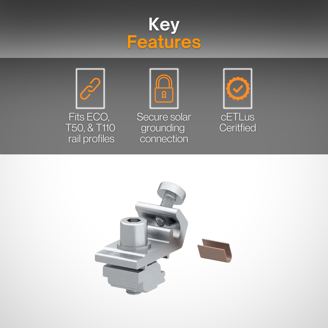 Grounding Lug with U-Shape Copper Channel | Solar Panel Grounding Connector | PV Mounting Ground Lug Kit for Solar Power, Off-Grid, Residential & Commercial Systems | ETL Listed