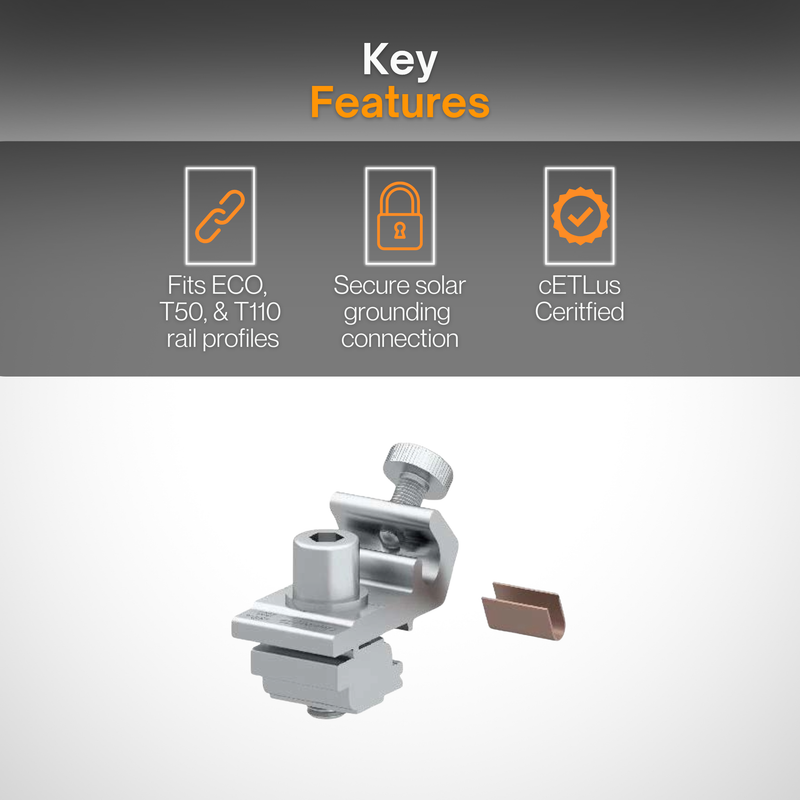 Grounding Lug with U-Shape Copper Channel | Solar Panel Grounding Connector | PV Mounting Ground Lug Kit for Solar Power, Off-Grid, Residential & Commercial Systems | ETL Listed