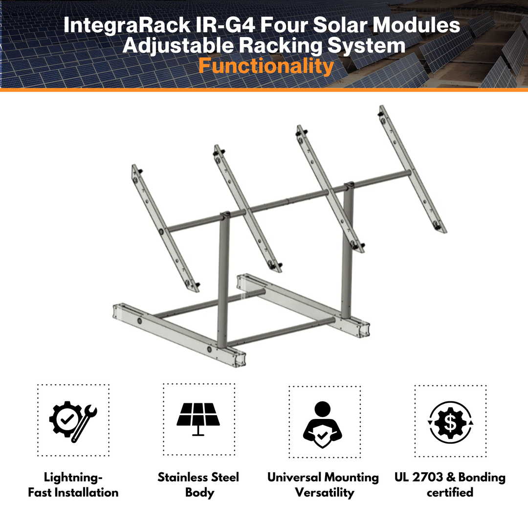 IntegraRack IR-G4 Four Solar Modules Adjustable Racking System - Twin Pole Ground Mount Frame | 6061-T6  Aluminum | 150mph Wind Load | 0°-45° Angle Adjustment | UL 2703 & Bonding Certified