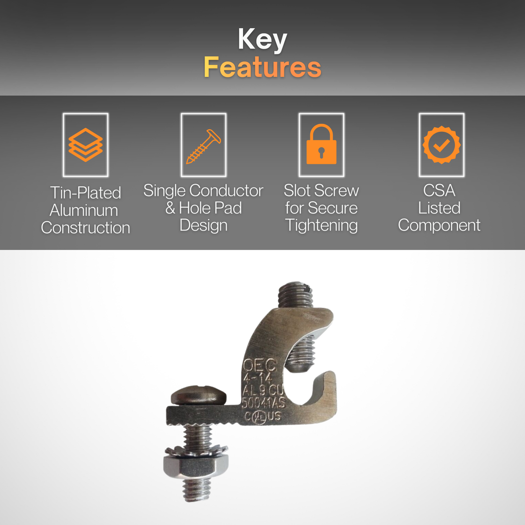 Lay-In Grounding Lug, Tin-Plated Aluminum, 14–4 AWG, UL 486B AL9CU, Single Hole Electrical Ground Lug for Copper & Aluminum Conductors