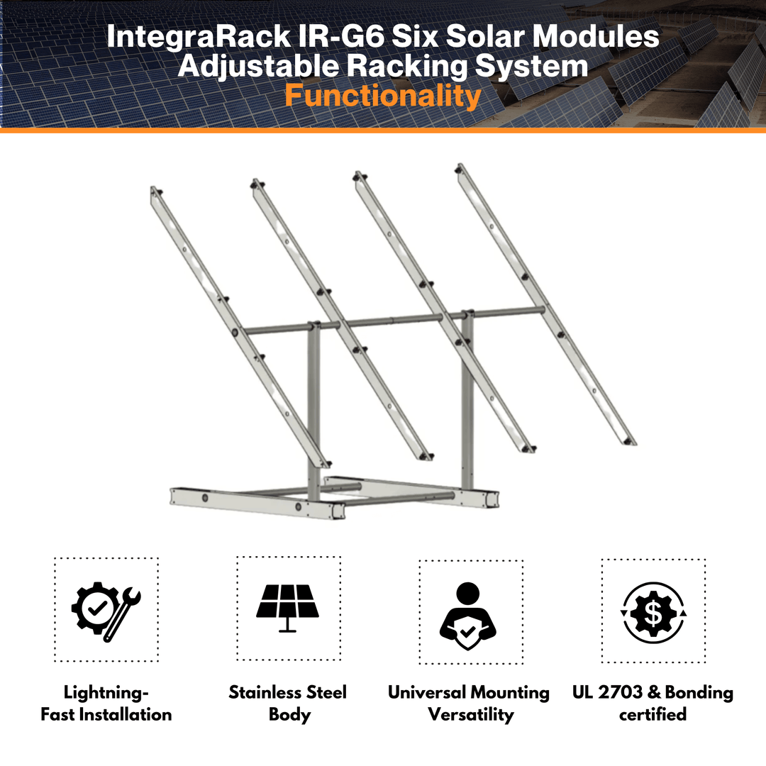 IntegraRack IR-G6 Six Solar Modules Adjustable Racking System - Twin Pole Ground Mount Frame | 6061-T6  Aluminum | 150mph Wind Load | 0°-45° Angle Adjustment | UL 2703 & Bonding Certified