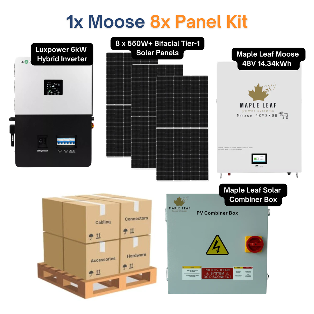 Luxpower LXP6K (SNA-US 6000) Kit – 550W+ Tier-1 Class Bifacial Solar Panel | 48V 14.34kWh Moose Battery | Solar Power Kits for Home, Cabin & Off-Grid