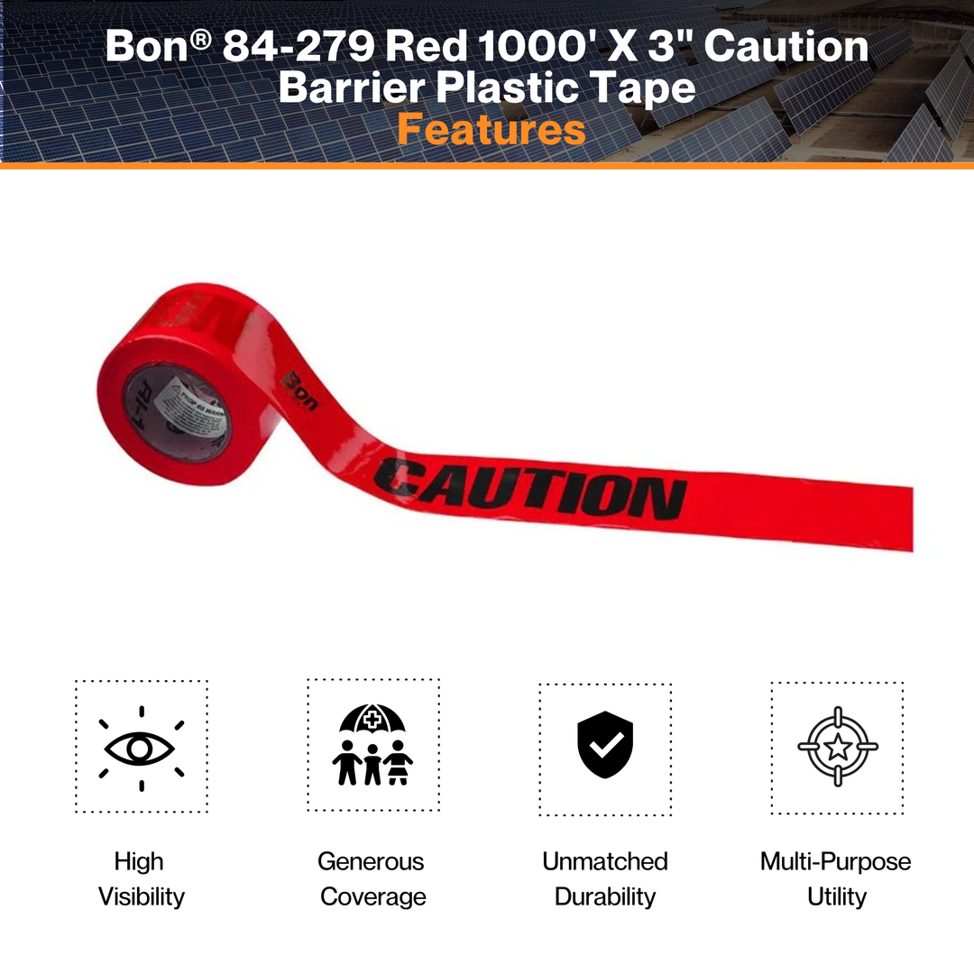 Bon® 84-279 Red 1000' X 3" Caution Barrier Plastic Tape – Lightweight | Extremely Noticeable | For Construction Areas & Restricted Zones