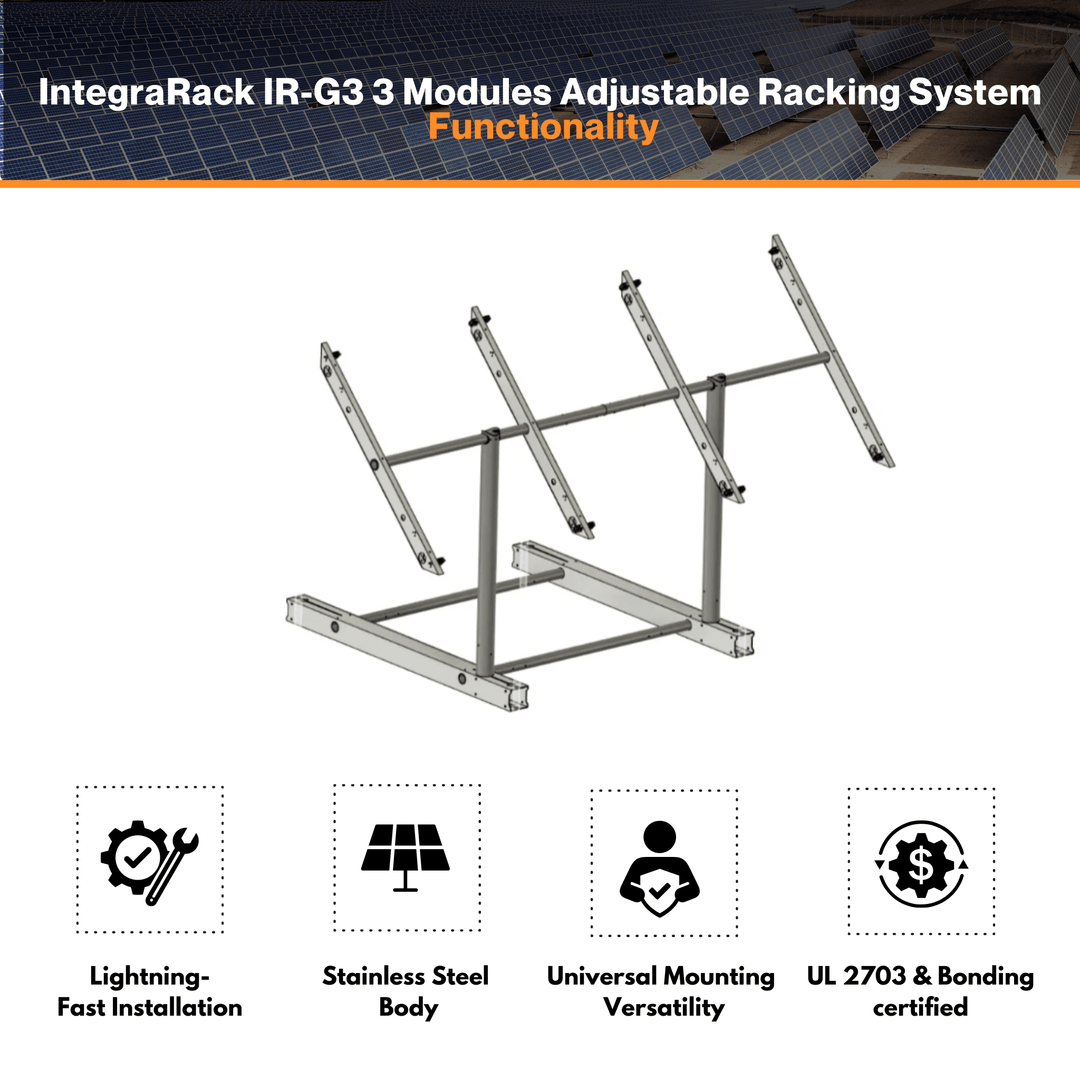 IntegraRack IR-G3 Three Solar Modules Adjustable Racking System - Twin Pole Ground Mount Frame | 6061-T6  Aluminum | 150mph Wind Load | 0°-45° Angle Adjustment | UL 2703 & Bonding Certified