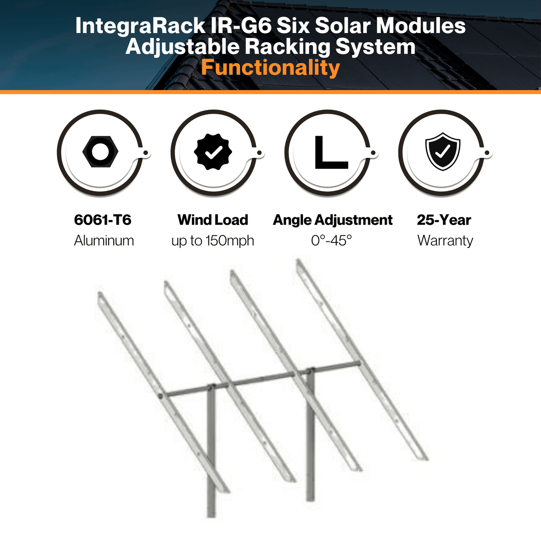 IntegraRack IR-G6 Six Solar Modules Adjustable Racking System - Twin Pole Ground Mount Frame | 6061-T6  Aluminum | 150mph Wind Load | 0°-45° Angle Adjustment | UL 2703 & Bonding Certified