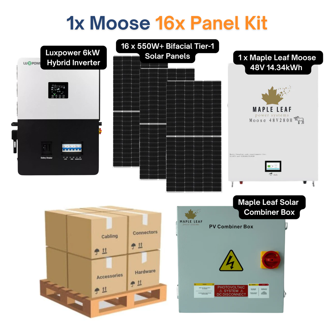 Luxpower LXP6K (SNA-US 6000) Kit – 550W+ Tier-1 Class Bifacial Solar Panel | 48V 14.34kWh Moose Battery | Solar Power Kits for Home, Cabin & Off-Grid