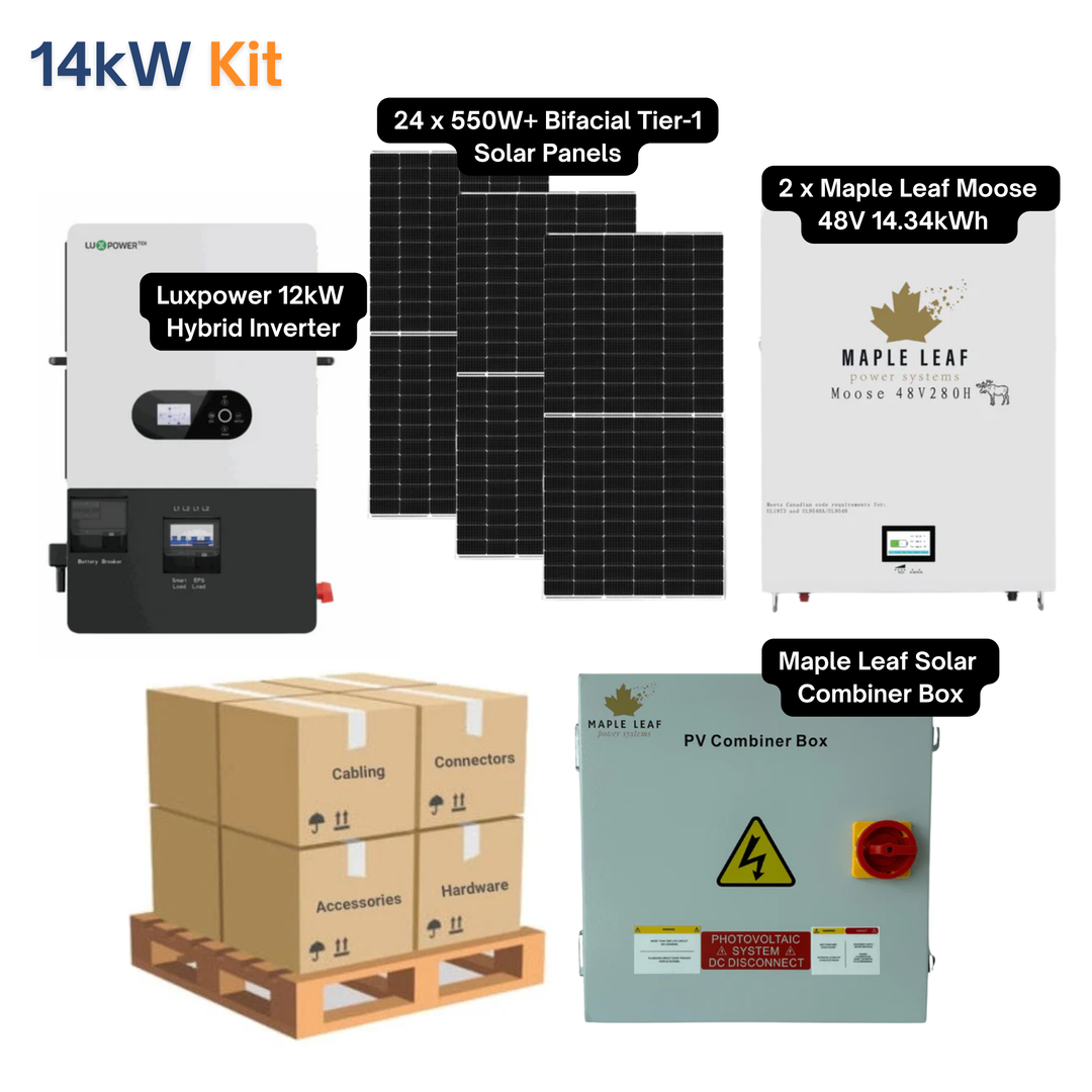 Luxpower SNA-US-12K Kit – 550W+ Tier-1 Class Bifacial Solar Panel | 48V 14.34kWh Moose Battery | Solar Power Kits for Home, Cabin & Off-Grid