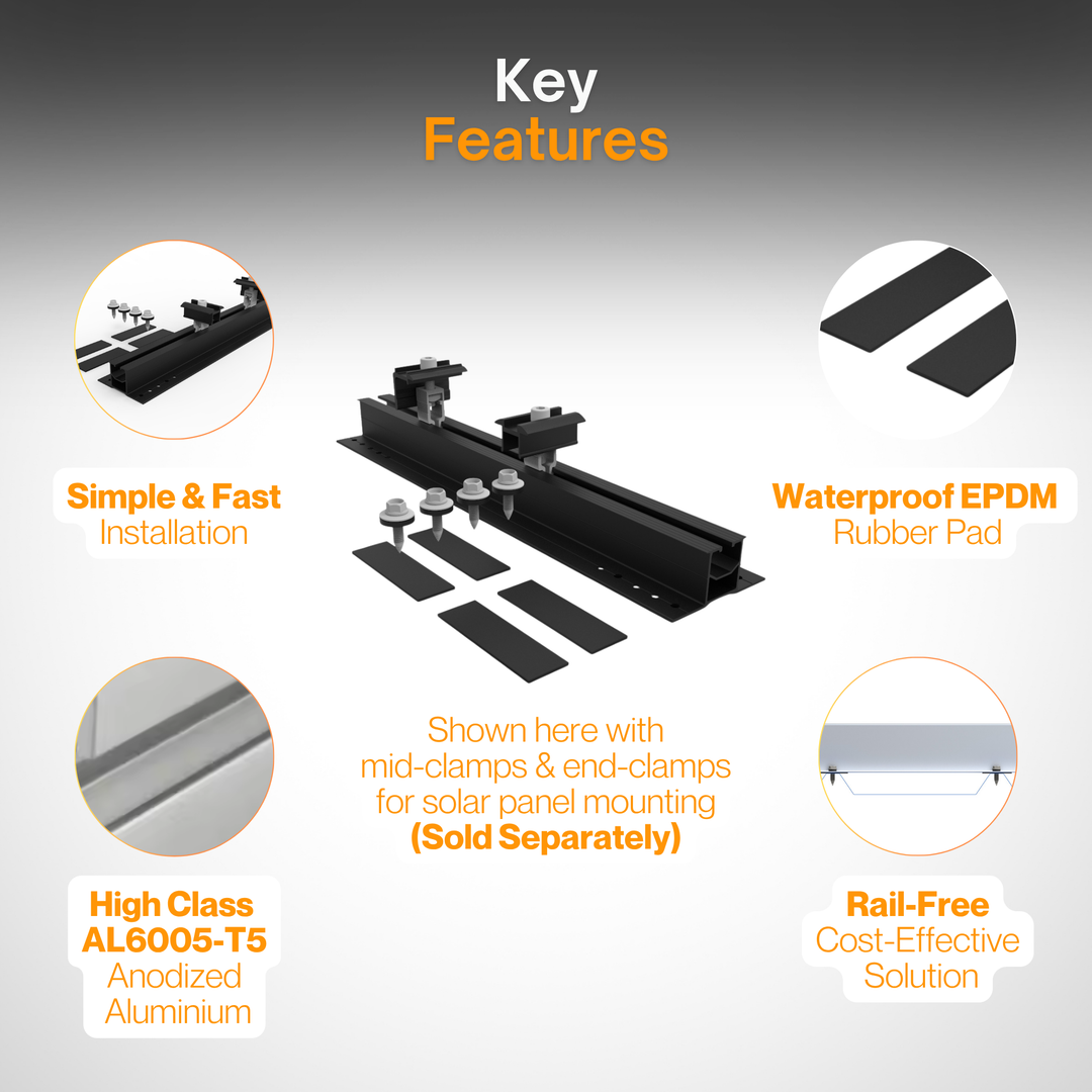 Maple Leaf Black Fast Install Mini-Rail Set | 400mm Mini-Rail 4 Screws and 4 Pads | Metal Roof Mount for Solar Panels