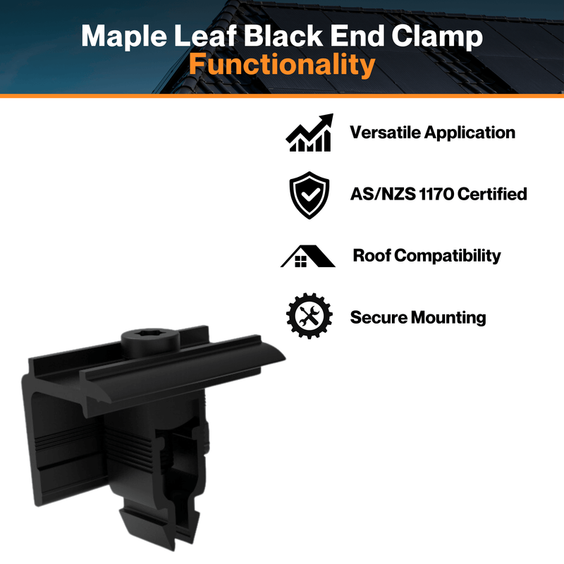 Maple Leaf Black End Clamp -  Anodized Aluminum 6005-T5 | Click-in Mechanism | AS/NZS 1170 Certified