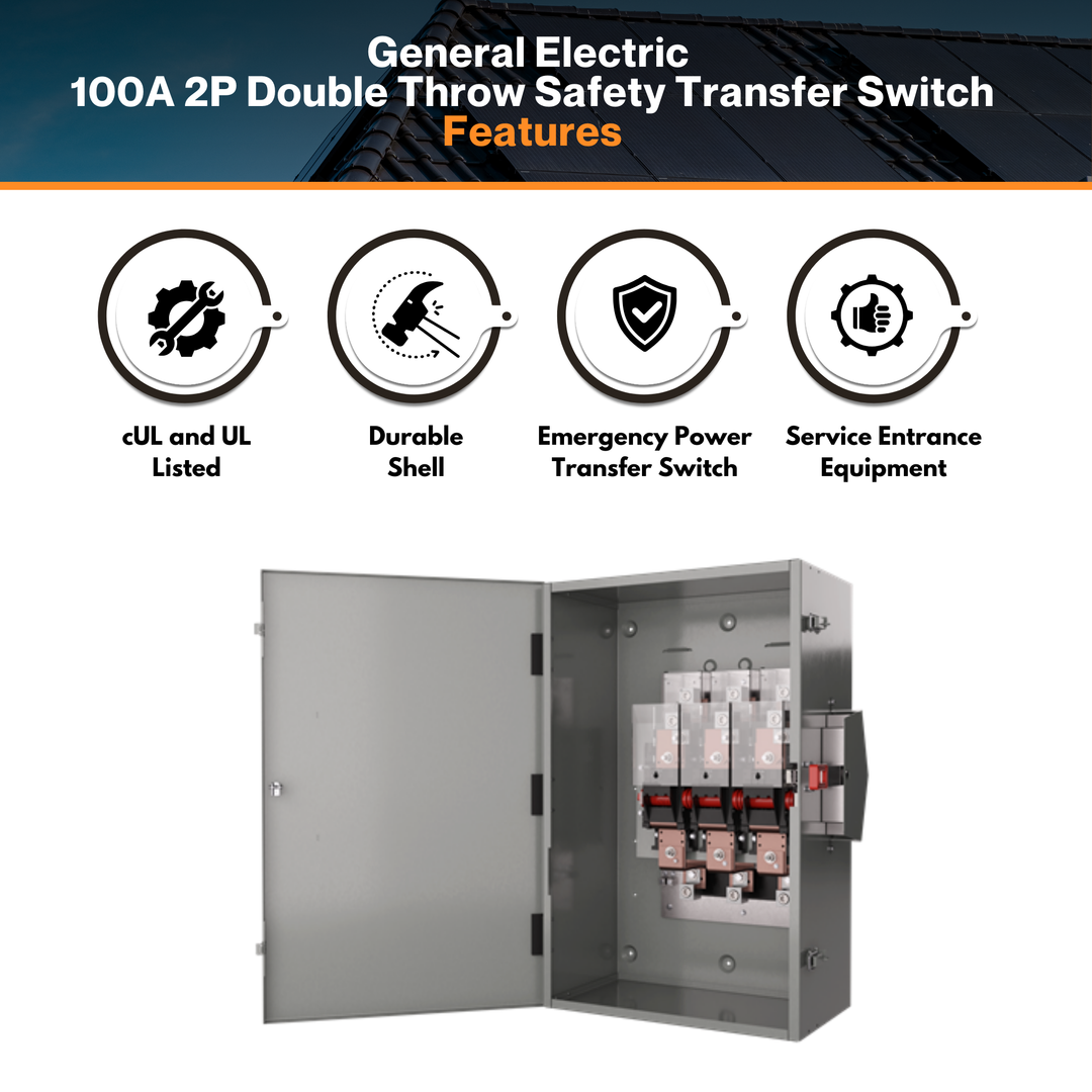 General Electric 200A 2P Double Throw Safety Transfer Switch - TC10324R | 120/240 Volt | Non-Fusible Design | NEMA 3R Enclosure | cUL & UL Approved