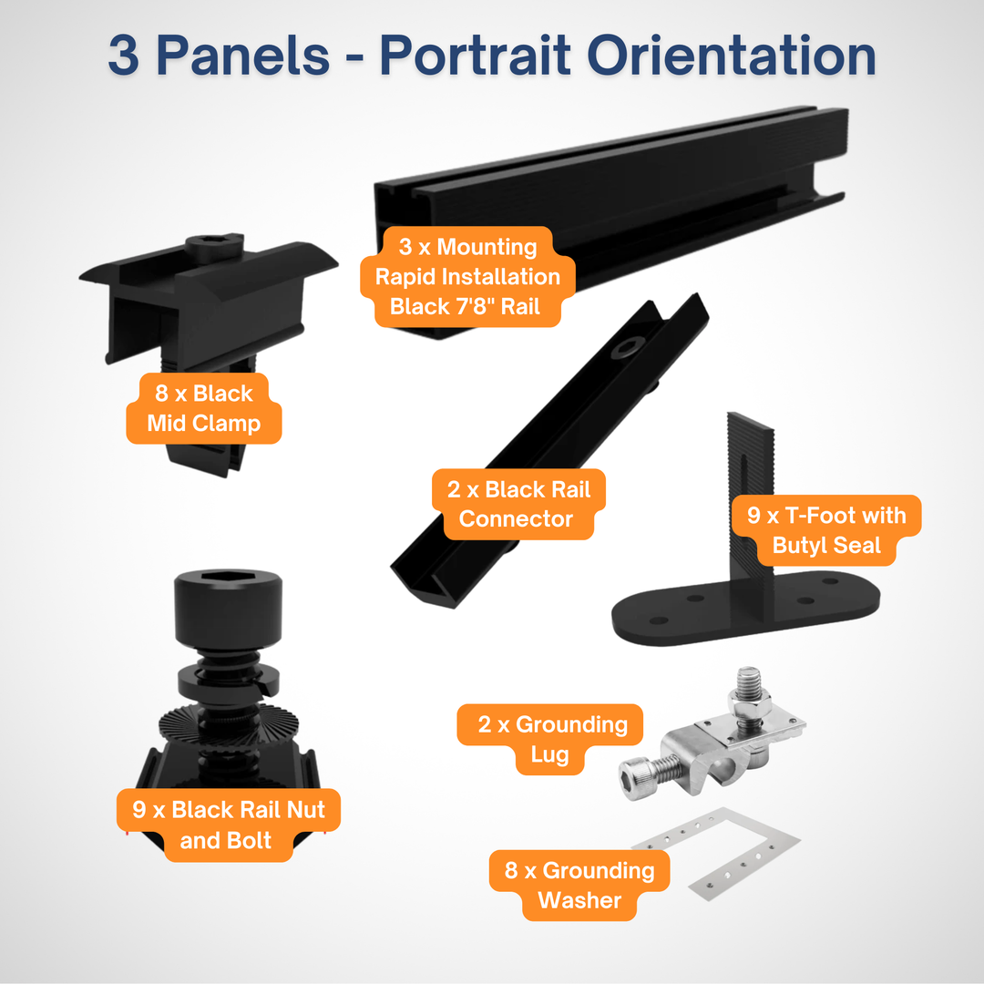 Maple Leaf Roof Mount Kits for Solar Panels | 7’8” Black Rails, Mid Clamps, Rail Connectors, T-Foots & Grounding Kit | Lightweight Aluminum 6005-T5 | Certified Solar Racking Hardware
