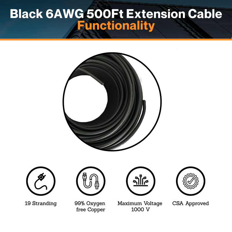 Maple Leaf Black 6AWG 500Ft Solar Extension Cable - Tinned Copper Wire | From RVs To Automotives | For Both Indoor & Outdoor | CSA Certified