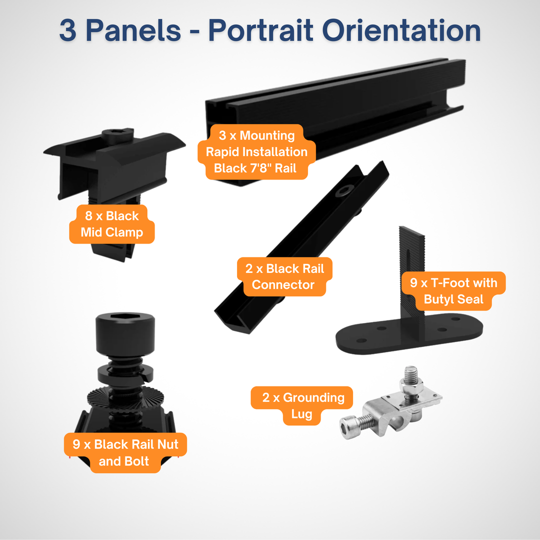 Maple Leaf Roof Mount Kits for Solar Panels | 7’8” Black Rails, Mid Clamps, Rail Connectors, T-Foots & Grounding Kit | Lightweight Aluminum 6005-T5 | Certified Solar Racking Hardware