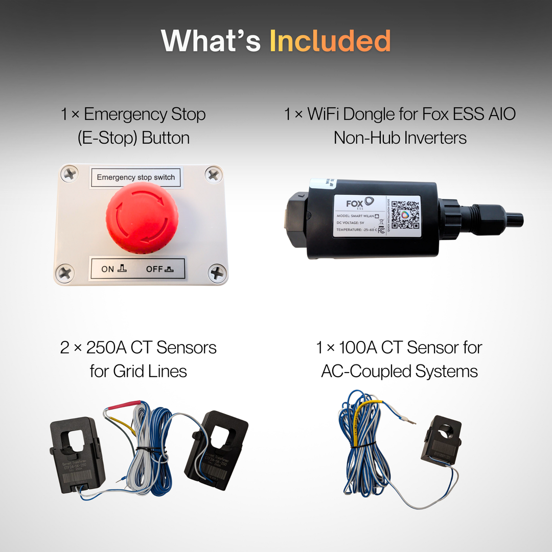 FOX ESS AIO Inverter Accessory Kit | Emergency Stop (E-Stop) Safety Switch, CT Sensors, & WiFi Dongle | For Fox AIO Non-HUB Flex Solar Inverters