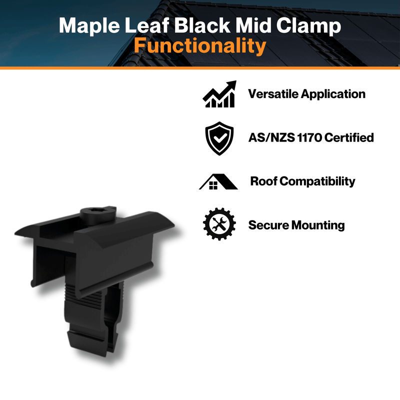 Maple Leaf Black Mid Clamp - Anodized Aluminum 6005-T5 | Click-in Mechanism | AS/NZS 1170 Certified