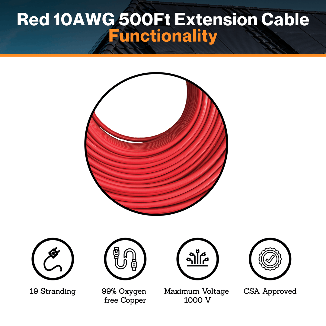 Maple Leaf Red 10AWG 500Ft Solar Extension Cable - Tinned Copper Wire | From RVs To Automotives | For Both Indoor & Outdoor | CSA Certified