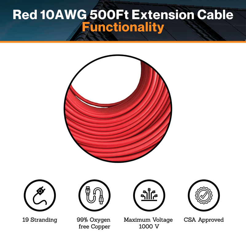 Maple Leaf Red 10AWG 500Ft Solar Extension Cable - Tinned Copper Wire | From RVs To Automotives | For Both Indoor & Outdoor | CSA Certified