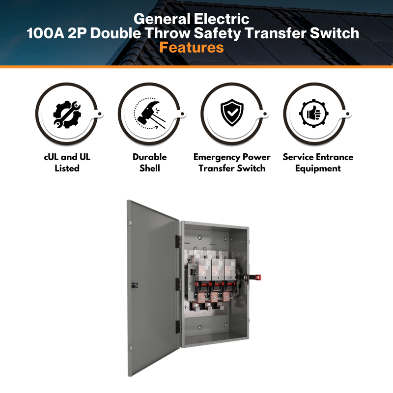 General Electric 100A 2P Double Throw Safety Transfer Switch - TC10323R | 120/240 Volt | Non-Fusible Design | NEMA 3R Enclosure | cUL & UL Approved