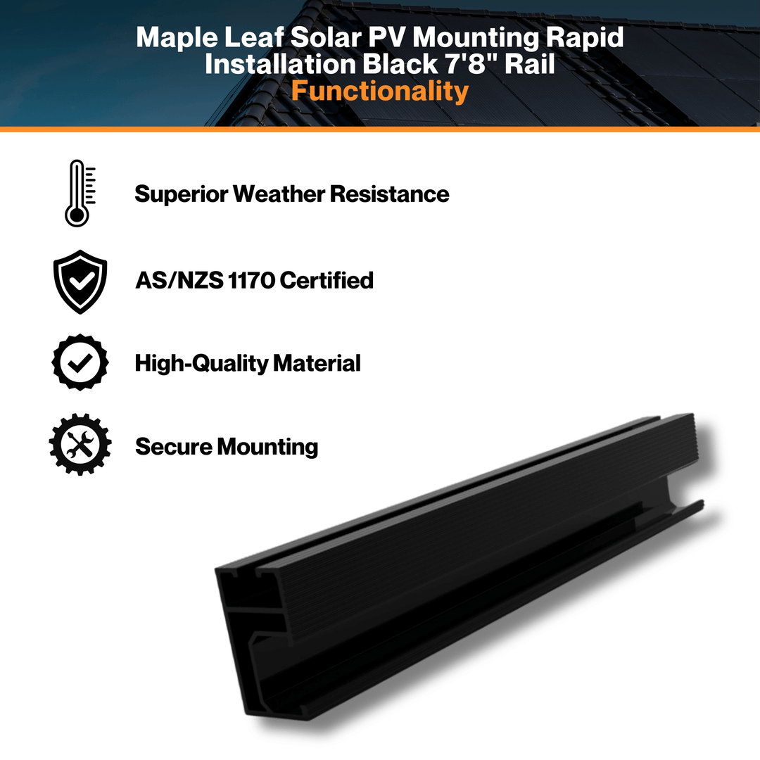 Maple Leaf Solar PV Mounting Rapid Installation Black 7'8" Rail - Lightweight & Durable | Aluminum 6005-T5 Material | AS, NZS 1170 Certified