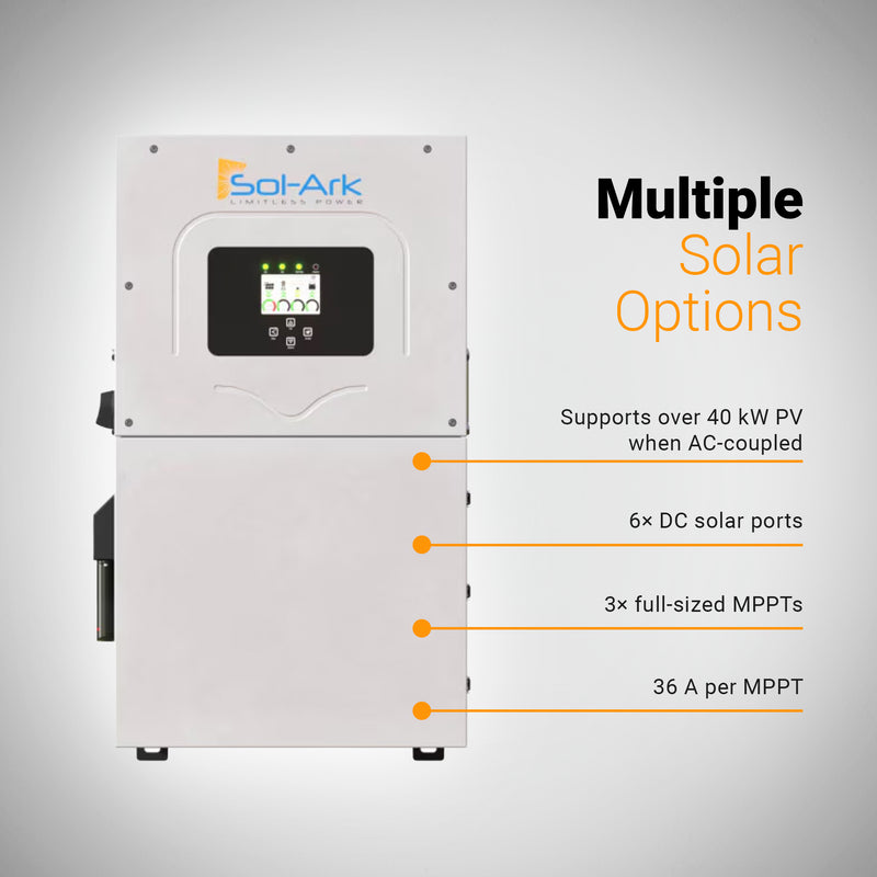 Sol-Ark 18K-2P Premium Hybrid Inverter (Limitless 18K-2P-LV)  Whole-Home Backup | 18 kW Continuous / 36 kW Surge | 48 V Battery | 10-Year Warranty